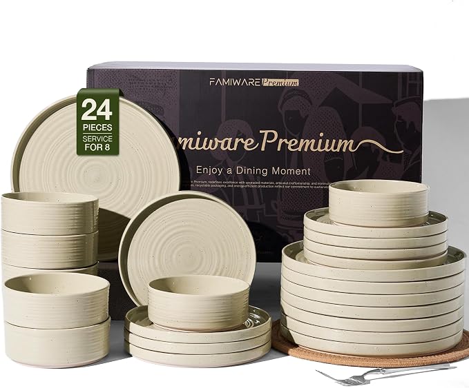 Dinnerware Sets for 8, Ceramic Plates, Chip & Scratch Resistant Everyday by FamiwarePremium