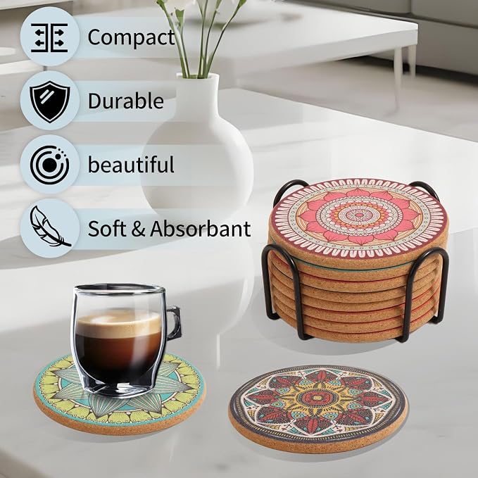 Cork Coasters Set of 8 with Holder, Colorful Cup Coaster - Image 7