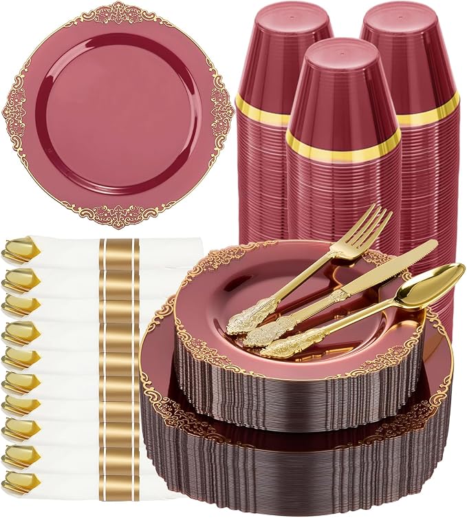 Bestluck 175PCS Burgundy Disposable Dinnerware by Bestluck