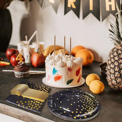 Serves 35 Guests Black and Gold Plates and Napkins Party Supplies,7" Black Paper Plates and Napkins,Disposable Party Dinnerware for Birthday Wedding,Graduation