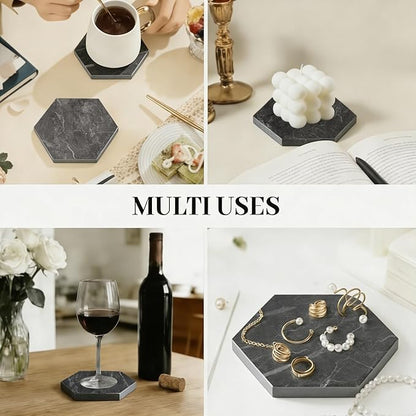 Natural Marble Coasters, Hexagonal Costers, Luxury Aesthetic Modern Decor for Coffee Table Bar Kitchen Home, Grey Marble, Real Natural Semi Absorbent Stone Coasters