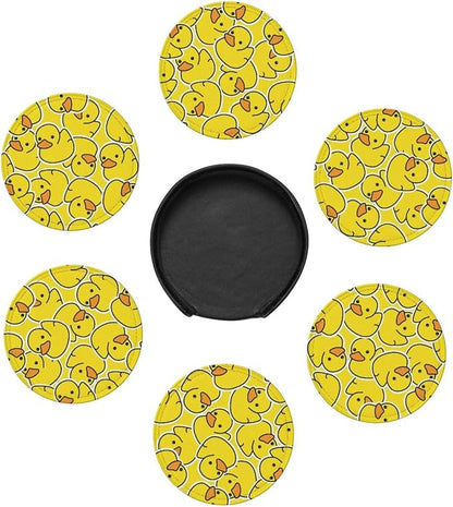 Drink Coasters with Holder Stand Set of 6 Yellow Ducks Pattern Drawing Pu - Image 5
