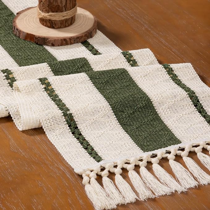 MLMW Boho Table Runner 72 inches Olive Green&Ivory Small Coffee Table Runner - Image 4