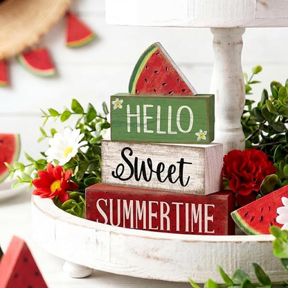 Moucuny 4 Pcs Summer Wooden Table Decor Watermelon Tiered Tray Decor Farmhouse - Image 7