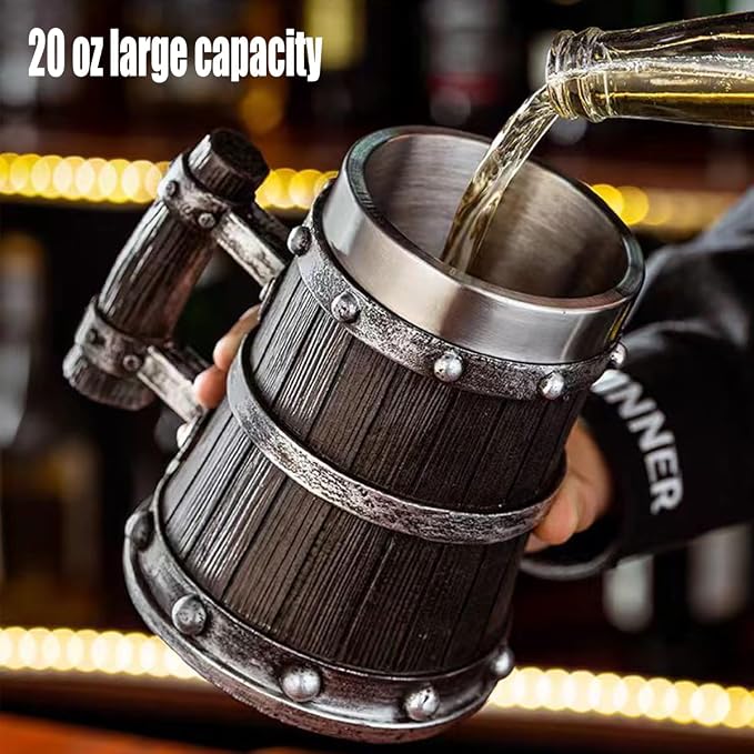 Nordic Viking Mug, pirate Beer Cup, Wooden Barrel Beer Mug Stainless Steel Liner - Image 3