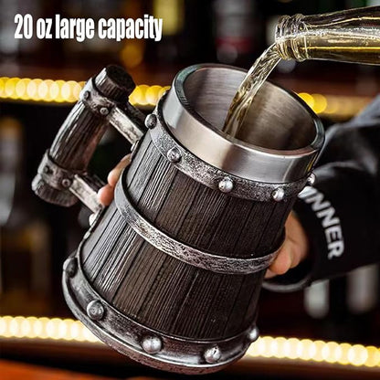 Nordic Viking Mug, pirate Beer Cup, Wooden Barrel Beer Mug Stainless Steel Liner - Image 3