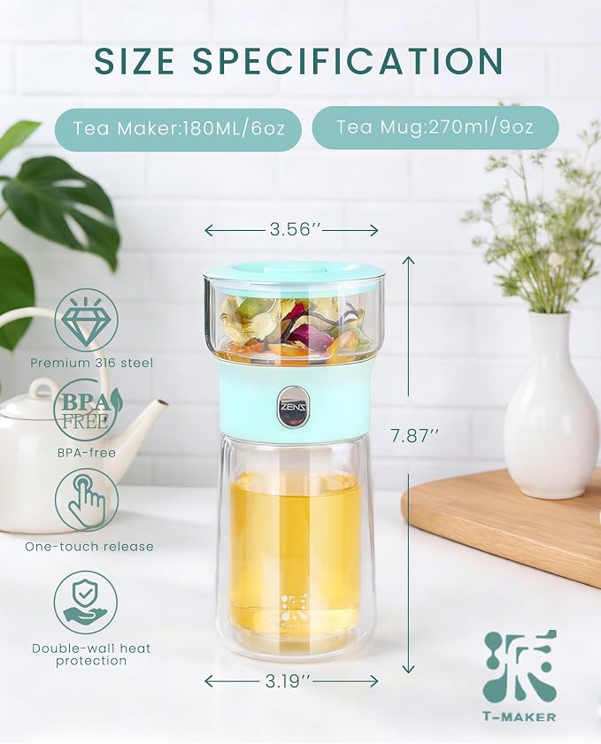 ZENS Modern Glass Infuser Teapot, One Touch Tea Release Loose Tea Maker | Loose - Image 4