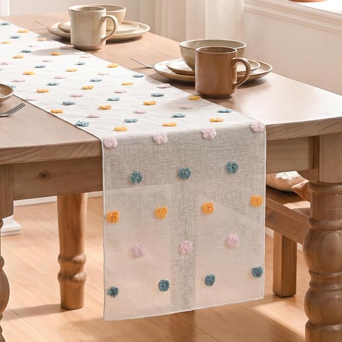 Artoid Mode Pink Blue Yellow Pom Pom Tulle Table Runner, Seasonal Washable by ArtoidMode