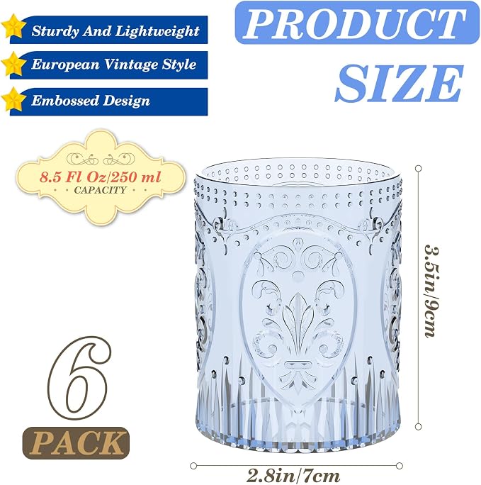 Qinyoung 6 Plastic Vintage Drinking Glasses 8.5oz Stemless Retro Embossed Wine - Image 3