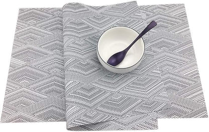 Gugrida Luxury Placemats Woven Vinyl Non-Slip Insulation Heat Stain Resistant Washable Table Placemats Kitchen Dining Table Top Meal Mat Place Mats PVC Set of 6, Shape of Grey Diamond