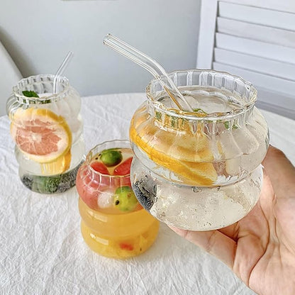 MANMAOHE 14 Oz Ribbed Glass Cups Set of 2 Creative Wavy Drinking Glasses - Image 4
