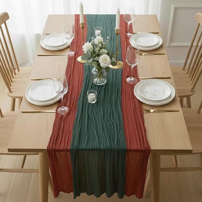 Cheesecloth Table Runner 2 Pack Terracotta and Dark Green, Boho Gauze Table by Avolander