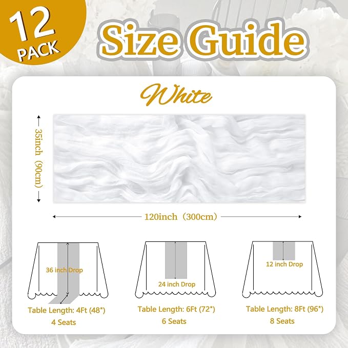 12 Pack White Cheesecloth Table Runner 35 x 120 Inch | Boho Gauze Cheese Cloth - Image 2