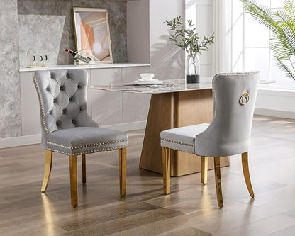 KCC Velvet Dining Chairs Set of 6, Upholstered High-end Tufted Dining Chair with Nailhead Back Ring Pull Trim Stainless Steel Legs, Contemporary Nikki Collection Modern Style for Kitchen, Light Gray