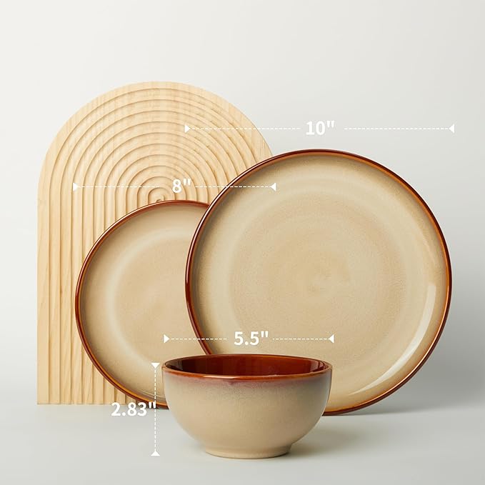 Ceramic Dish Set for 6, 18 Piece Dinnerware Set for Small to Medium Families, Reactive Glaze Design, Dishwasher & Microwave Safe, Brown Yellow