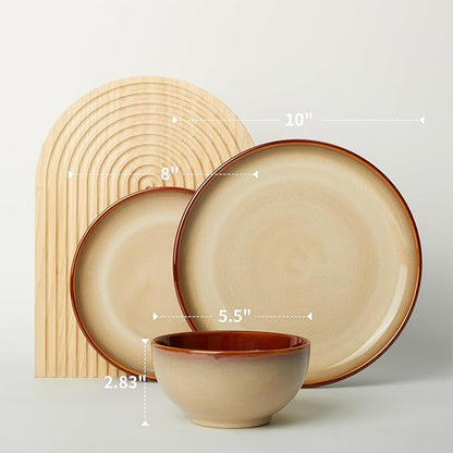 Ceramic Dish Set for 6, 18 Piece Dinnerware Set for Small to Medium Families, Reactive Glaze Design, Dishwasher & Microwave Safe, Brown Yellow