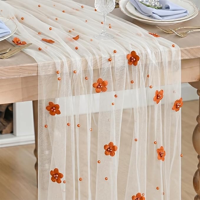 Artoid Mode Caramel Flower Pearl White Gauze Table Runner 10FT, Seasonal Sheer by ArtoidMode