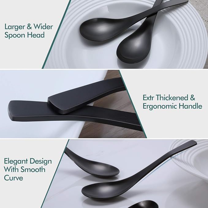 HIWARE Matte Black Thick Heavy-Weight Soup Spoons, Stainless Steel Soup Spoons - Image 2
