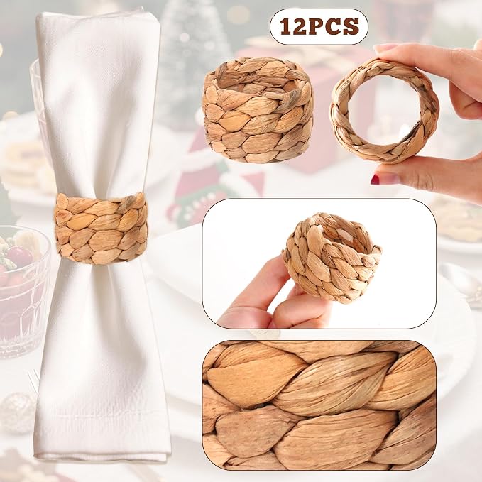 Yolyoo Woven Napkin Rings Set of 12 Water Hyacinth Napkin Rings Natural Rattan - Image 2