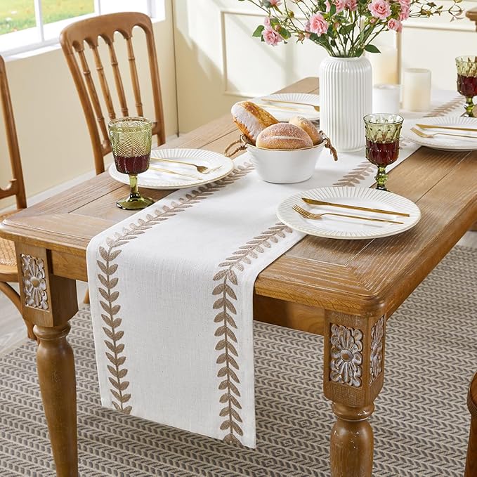 Linen Embroidered Table Runner, Taupe Table Runners 36 Inches Long | Linen - Image 4