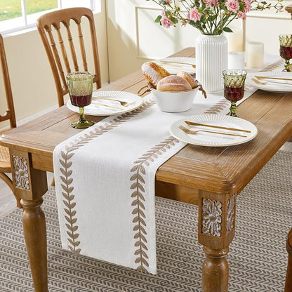 Linen Embroidered Table Runner, Taupe Table Runners 48 Inches Long | Linen - Image 4