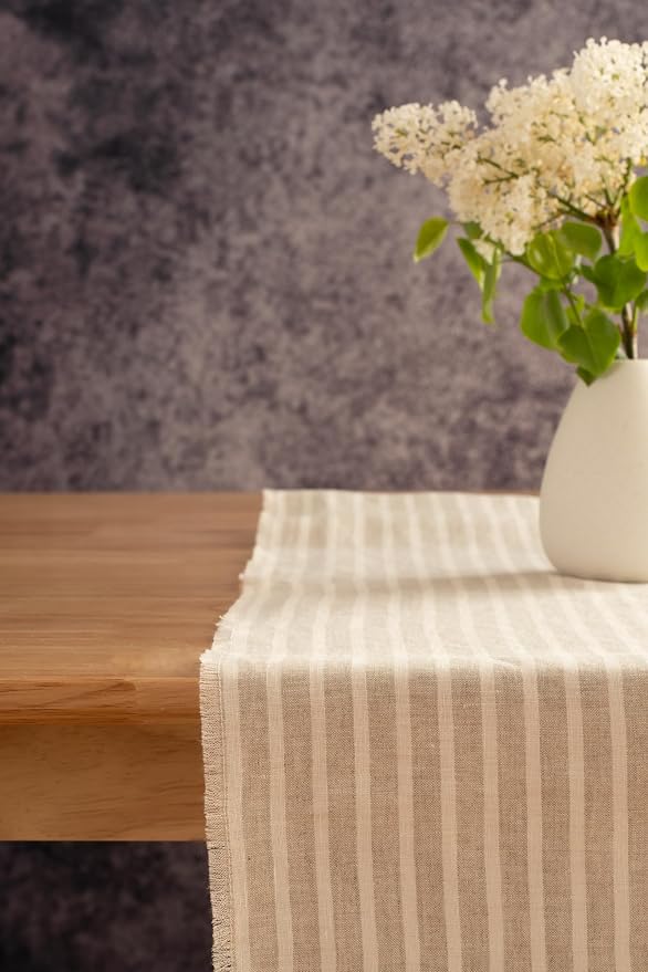 Stripe Linen Table Runner with Fringe- 14x108 Inch, 100% Pure Linen Natural and - Image 2