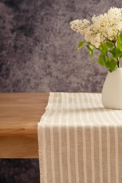 Stripe Linen Table Runner with Fringe- 14x108 Inch, 100% Pure Linen Natural and - Image 2