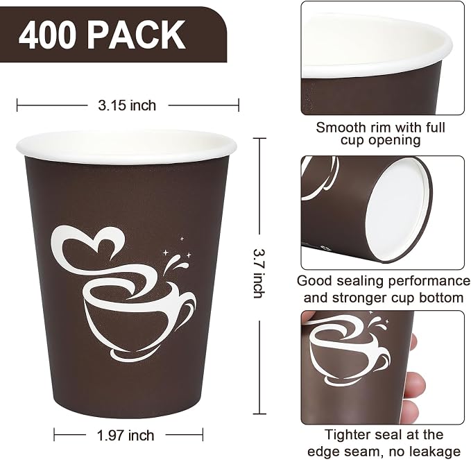 Clawsoff 400 Count 8 oz Paper Coffee Cups Disposable Hot Coffee Cups Brown | - Image 2