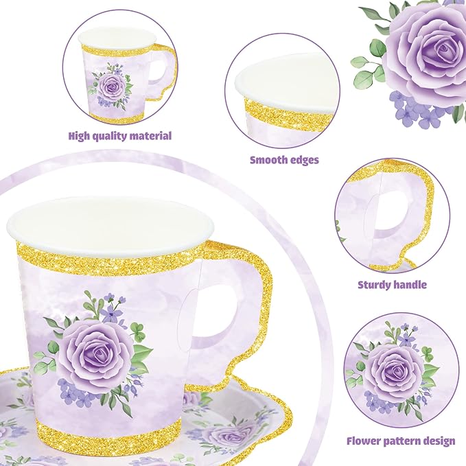48 Sets Floral Paper Tea Cups and Saucers Disposable Tea Party Supplies - Image 3