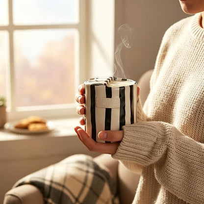 10oz Ceramic Coffee Mug with Sip Hole, Striped Espresso Cups - Image 7