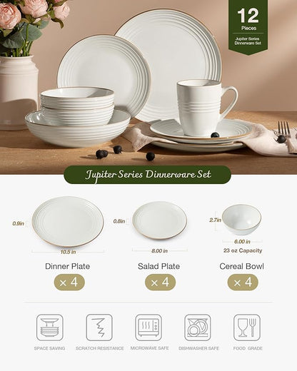 Famiware Jupiter Dinnerware Set, Plates and Bowls Dish Sets for 4 (12 Pieces), Microwave and Dishwasher Safe Stoneware Speckled Tableware, Chip and Scratch Resistant, White