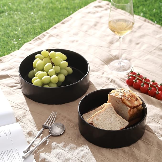 Stone Lain Celina Stoneware 2-Piece Serving Bowl Set, Black Bowls, Minimalist Dinnerware, Dish Set, Tall Rim, Microwave & Dishwasher Safe, Casual Tableware