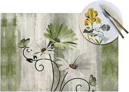 Floral Place mats Set of 4, 12x18 Inches Rustic Sage Green Daisy Flower Decorative Placemats Rectangle Floral Linen Table Mats for Party Home Kitchen,Dining Table Decoration