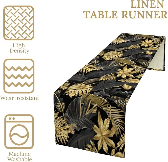 Golden Leaves Table Runner Jungle Black Tropical Plam Tree Retro Boho Hawaii - Image 4