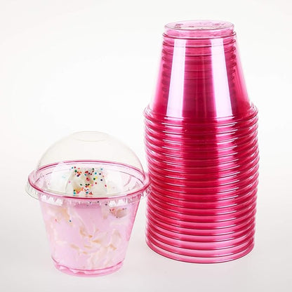 Golden Apple, 9oz-50sets Pink Red Plastic Cups with Clear Dome lids No Hole(50cups + 50lids)…