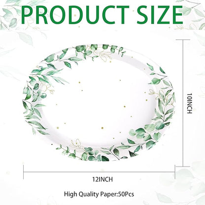 50Pcs Sage Green Oval Paper Plates 10" x 12" Large Disposable Heavy Duty Watercolor Eucalyptus Paper Platters Sage Floral Green Leaves Dessert Plates for Baby Shower Picnic Wedding Dinner Supplies