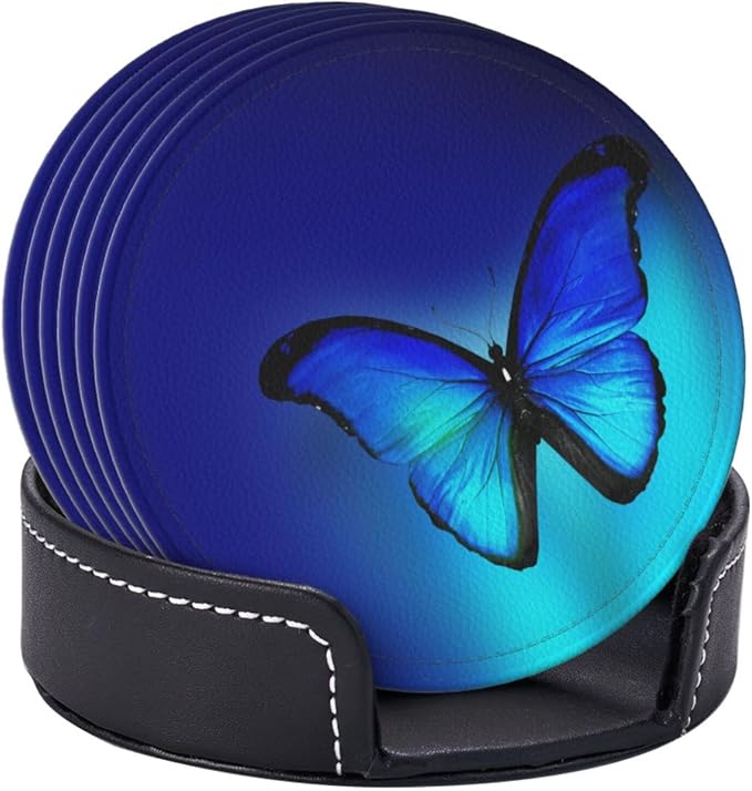 6 Pcs Blue Butterfly Leather Coasters - Image 3