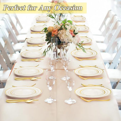 BESTSTAR 200PCS Clear Gold Plastic Plates Set, 100 10.25 inch Dinner Plates and 100 7.5 inch Dessert Plates, Disposable Plates for Party, Wedding