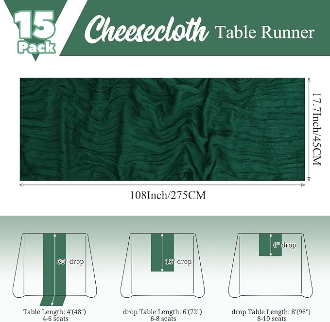 15 Pack Emerald Green Table Runner 17 x 108inch Cheesecloth Table Runner Boho - Image 2