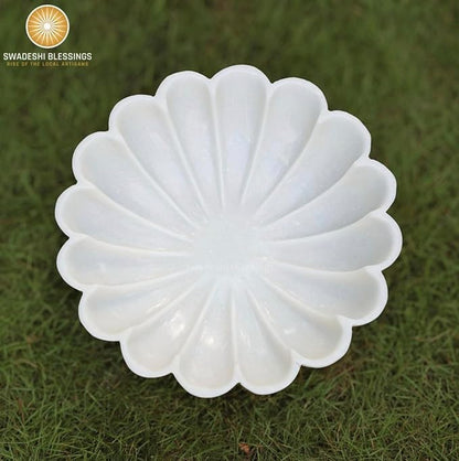 HandCrafted Marble Decorative Bowl | White Ruffle Scalloped Fluted Key/Fruit Ring Dish | Organic Modern Home Decor (10 Inches)