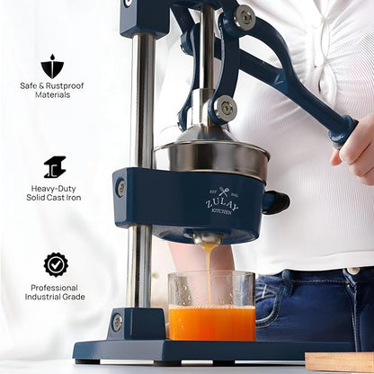 Zulay Kitchen Cast Iron Juicer - Easy-to-Clean Heavy-Duty Manual Juicer, Professional Citrus Juicer - Stainless Steel Lemon Squeezer - Manual Citrus Press & Orange Squeezer - Orange Juicer – Navy