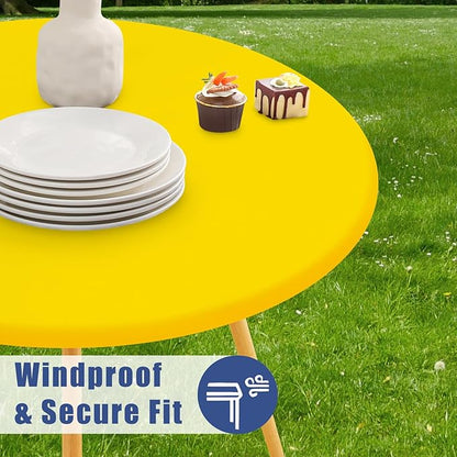 Round Spandex Tablecloth 2 Pack, Elastic Fitted Waterproof Tablecloths for 36"-44" Tables, Stretch Washable Picnic Table Cover for Camping, Dining, Indoor and Outdoor, Yellow