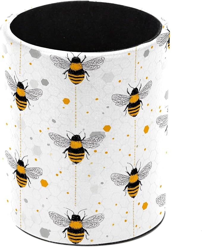 Leather Pen Holder for Desk, Bees Pencil Cup Pen Organizer Makeup Brush Holder by Unknown