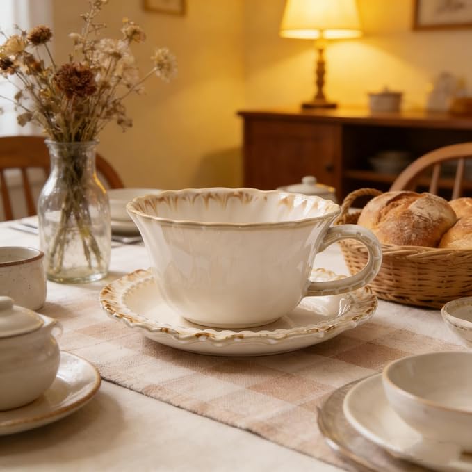 Vintage Porcelain Coffee Cup and Saucer Set, 12 OZ Ceramic Latte Mug - Image 6