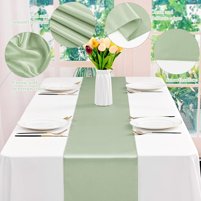 12 Pack Sage Green Satin Table Runner 12 x 108 Inch Long Premium Table Runners - Image 4