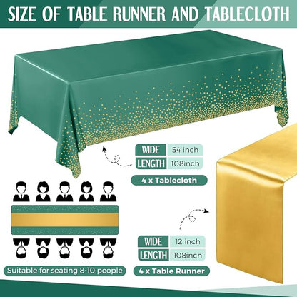 8 Pack Green and Gold Disposable Plastic Tablecloths and Satin Table Runner Set - Image 2