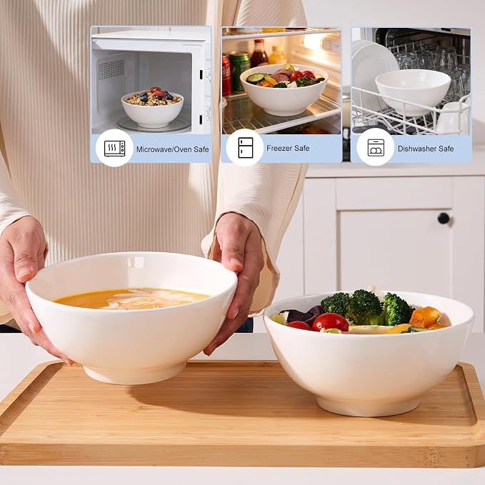 VENVENWEAVS 30 OZ White Thickened Ceramic Bowls Set of 6 Complimentary 6 Spoons - Image 3