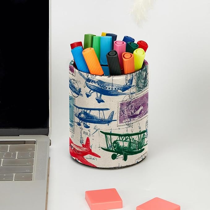 Leather Pen Holder for Desk, Airplane Retro Stamps Pencil Cup Pen Organizer - Image 5