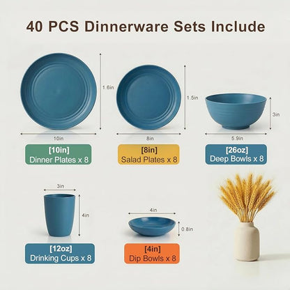 Wheat Straw Dinnerware Sets for 8, Unbreakable Bowl and Plate Set 40 Piece - Image 2