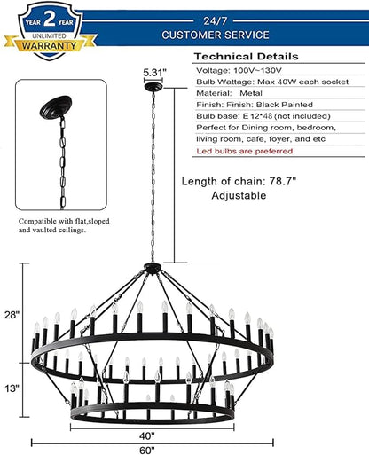 60 Inch Large Black Wagon Wheel Chandelier,2 Tier 54-Lights Farmhouse Industrial Country Style Round Pendant Light Fixture for Outdoor Porch high Ceilings Living Dining Room Foyer Entryway